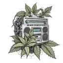 A detailed sleeve tattoo depicting a marijuana plant growing from a boombox, with Death Row Records insignia incorporated into the design tattoo design idea