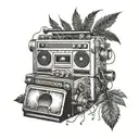 A detailed sleeve tattoo depicting a marijuana plant growing from a boombox, with Death Row Records insignia incorporated into the design tattoo design idea