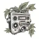 A detailed sleeve tattoo depicting a marijuana plant growing from a boombox, with Death Row Records insignia incorporated into the design tattoo design idea