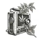 A detailed sleeve tattoo depicting a marijuana plant growing from a boombox, with Death Row Records insignia incorporated into the design tattoo design idea