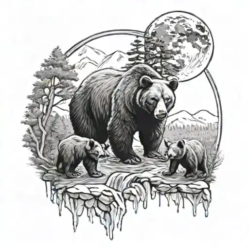 black bear family with water fall and full moon   tattoo design idea