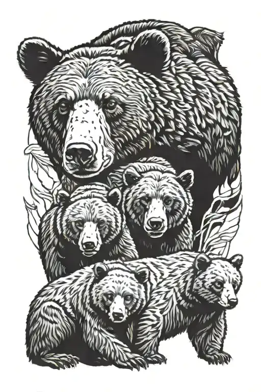 black bear looking over mother and cubs playing tattoo design idea