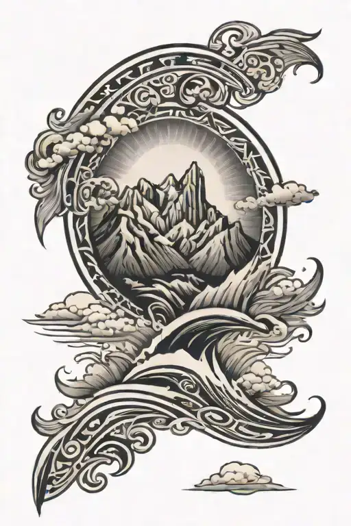 Tribal waves, Colorado mountains, cross with sun peaking behind and sun rays.   tattoo design idea