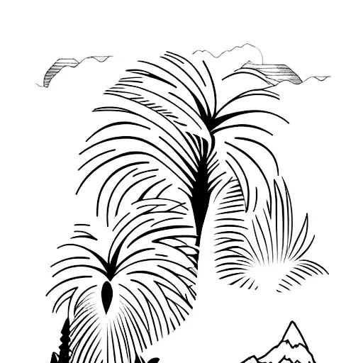 palm tree and columnar pine and sea and mountain tattoo design idea