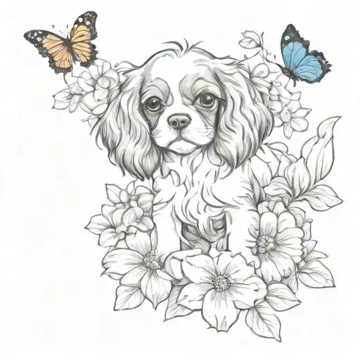 cavalier king charles spaniel puppy playing in flowers with butterfly tattoo design idea