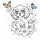cavalier king charles spaniel puppy playing in flowers with butterfly tattoo design idea