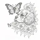 cavalier king charles spaniel puppy playing in flowers with butterfly tattoo design idea