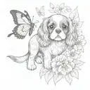cavalier king charles spaniel puppy playing in flowers with butterfly tattoo design idea