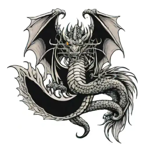 Dragon with three heads, tail and wings, view from the back, sitting tattoo design idea