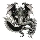 Dragon with three heads, tail and wings, view from the back, sitting tattoo design idea