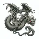 Dragon with three heads, tail and wings, view from the back, sitting tattoo design idea