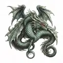 Dragon with three heads, tail and wings, view from the back, sitting tattoo design idea
