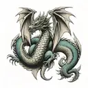 Dragon with three heads, tail and wings, view from the back, sitting tattoo design idea