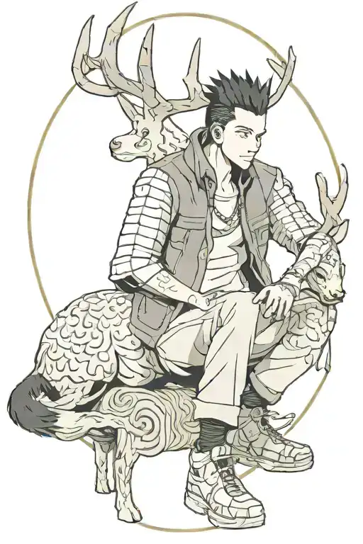 shikamaru with his shadow jutsu sitting Infront of a deer tattoo design idea