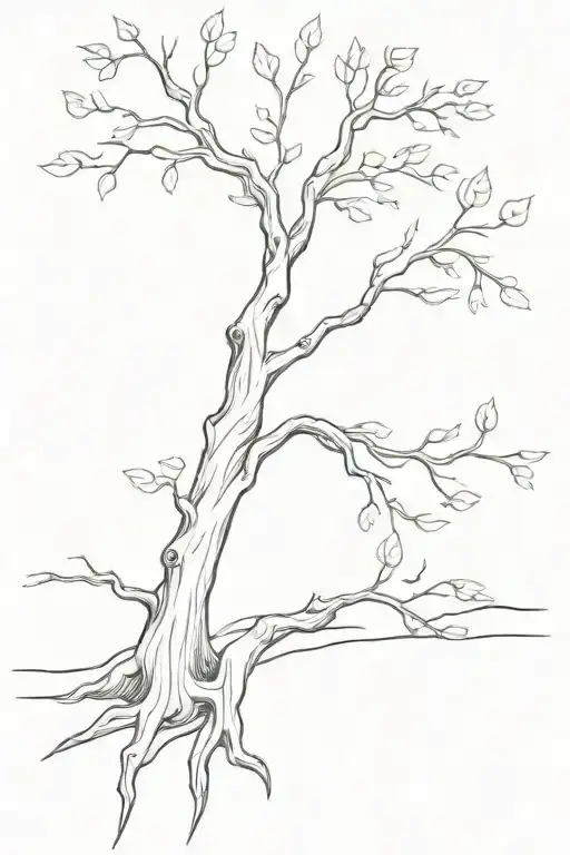 forked cottonwood tree with leaves on riverbank  tattoo design idea
