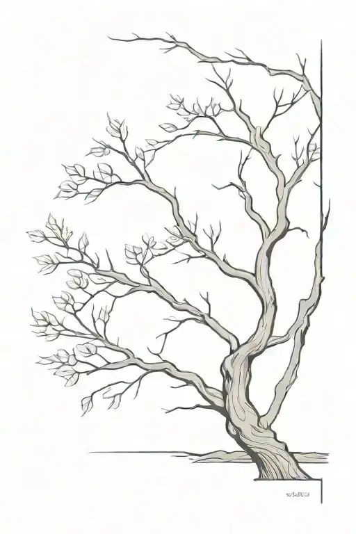 cottonwood tree with one thick main trunk and a branched trunk that leans out with leaves on riverbank  tattoo design idea