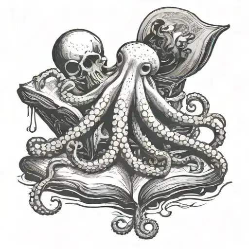 an octopus reading a book on a shipwreck scene tattoo design idea