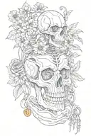 skeleton with jack o' lantern and flowers blooming tattoo design idea