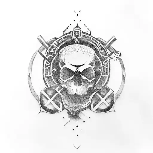 Skull with shinobi weapons and yin yamg symbol tattoo design idea