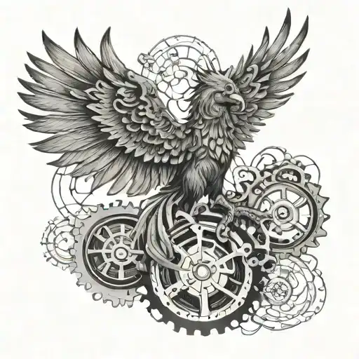 A majestic Phoenix soaring in the sky with intricate mechanical gears subtly incorporated into its design tattoo design idea