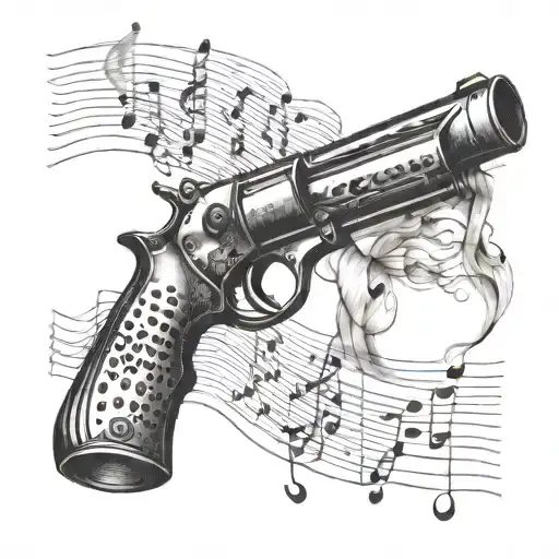 A music sheet with gun barrels as the lines and smoke as the notes tattoo design idea