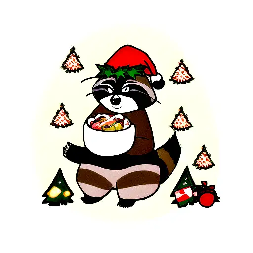 raccoon holding a Christmas tree snack  tattoo design idea