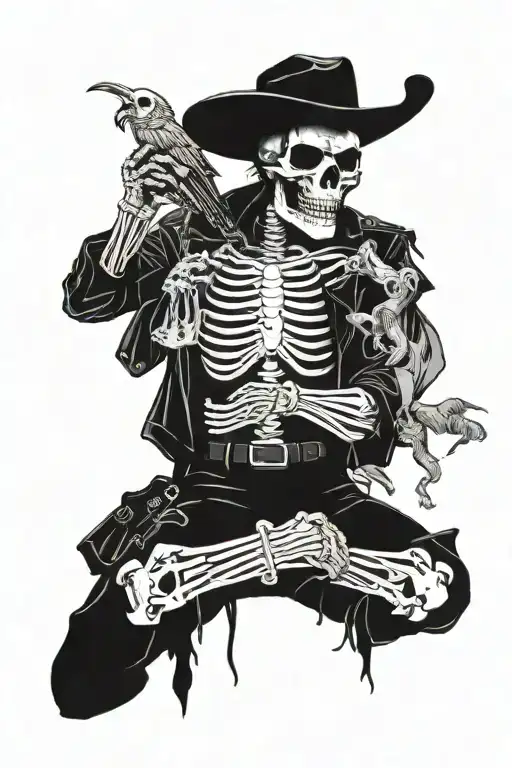 skeleton preacher cowboy in dystopian wasteland ecosystem with endemic animals tattoo design idea