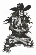 skeleton preacher cowboy in dystopian wasteland ecosystem with endemic animals tattoo design idea