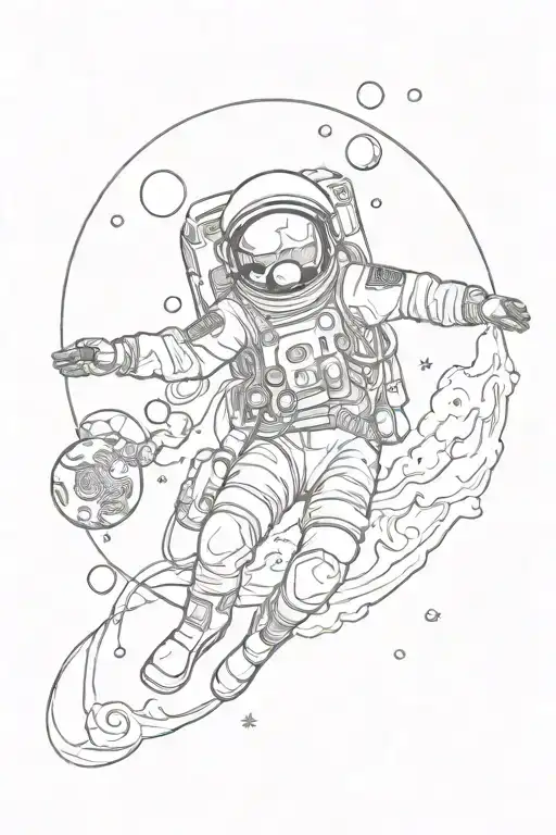 Spaceman full-length flying in space with planets tattoo design idea