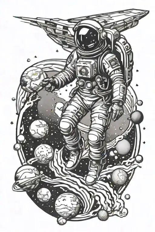 Spaceman full-length flying in space with planets tattoo design idea