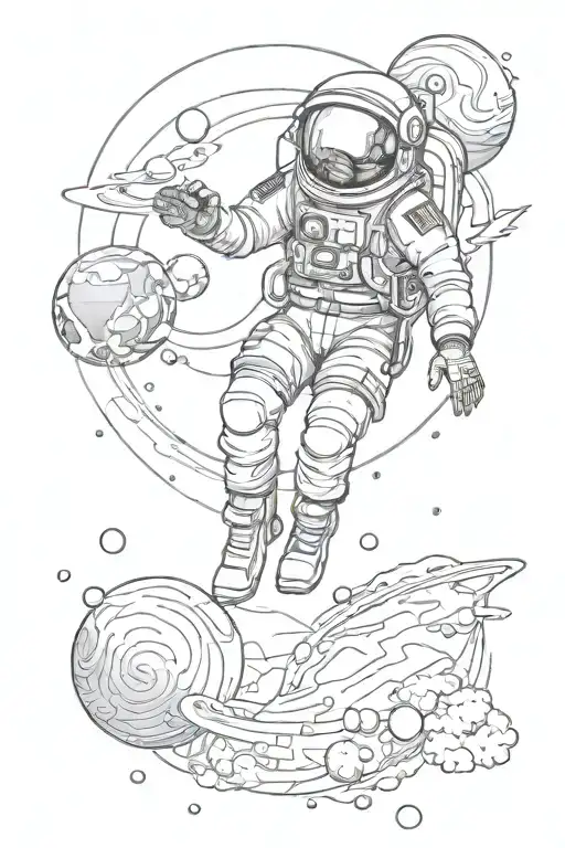 Spaceman full-length flying in space with planets orbiting tattoo design idea