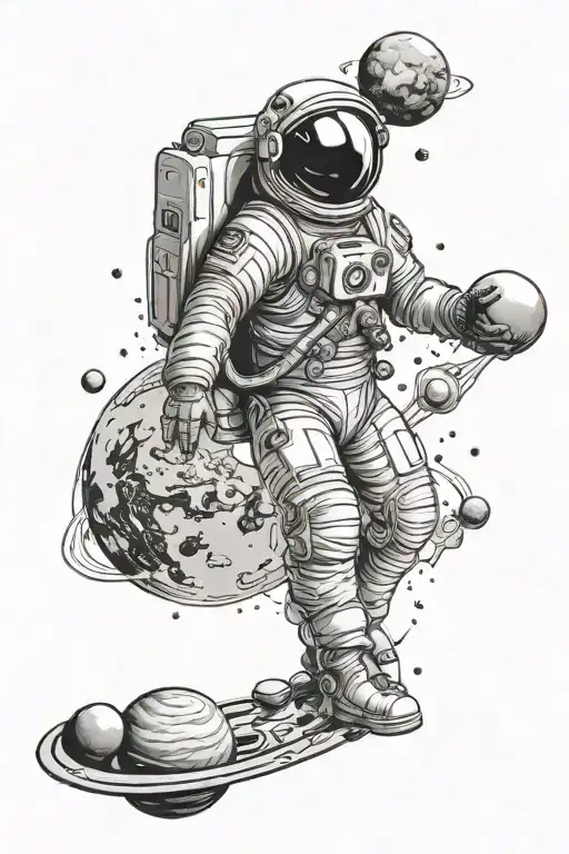 Spaceman full-length flying in space with planets tattoo design idea