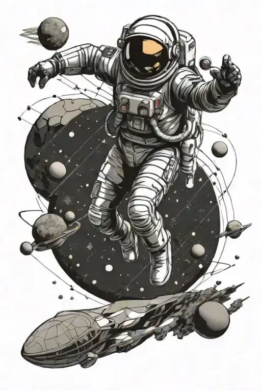 Spaceman full-length flying in space with planets tattoo design idea