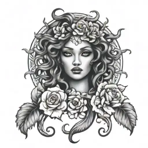 Medusa face surrounded florals thigh piece tattoo design idea
