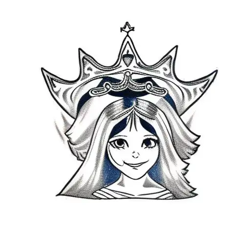 A girl with long black hair, who is a princess, is leaning on a boy wearing a crown, and the boy is hugging her. tattoo design idea