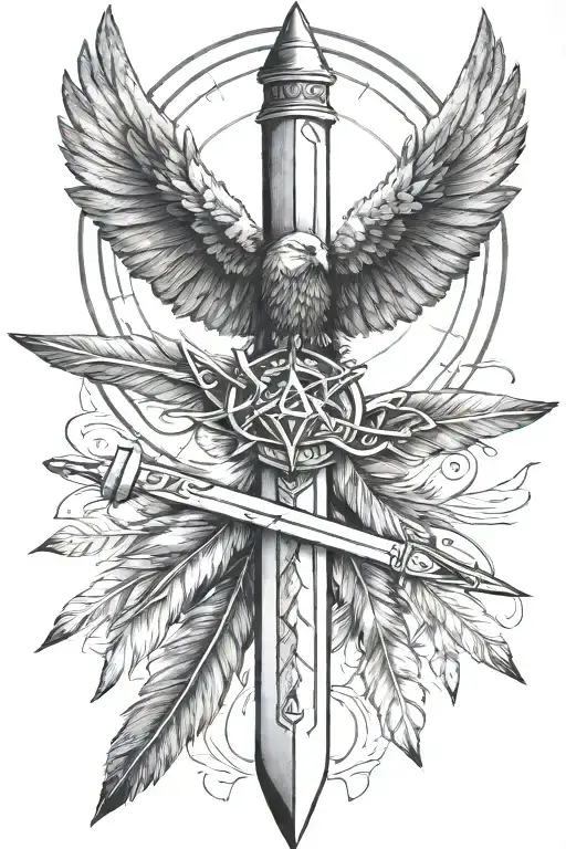 special forces dagger with a medicine wheel incorporated into the handle, there are 4 eagle feathers hanging on the side tattoo design idea