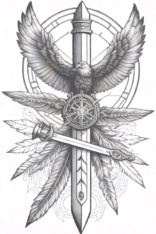 special forces dagger with a medicine wheel incorporated into the handle, there are 4 eagle feathers hanging on the side tattoo design idea
