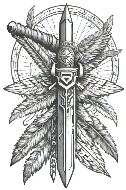 special forces dagger with a medicine wheel incorporated into the handle, there are 4 eagle feathers hanging on the side tattoo design idea