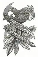 special forces dagger with a medicine wheel incorporated into the handle, there are 4 eagle feathers hanging on the side tattoo design idea