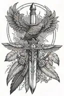 special forces dagger with a medicine wheel incorporated into the handle, there are 4 eagle feathers hanging on the side tattoo design idea
