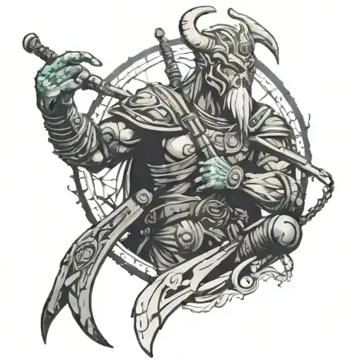 Norse/Eastern myth, cyberpunk style sleeve (wrist to knuckles). Include: lake, weapon, lone figure, ominous entity tattoo design idea