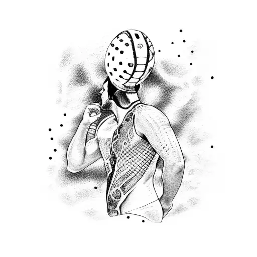 Create a dotwork tattoo of a water polo player with a snake wrapped around their arm tattoo design idea