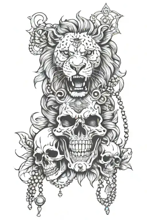 skulls, smile now cry later, Lion, Rosary Beads,  tattoo design idea