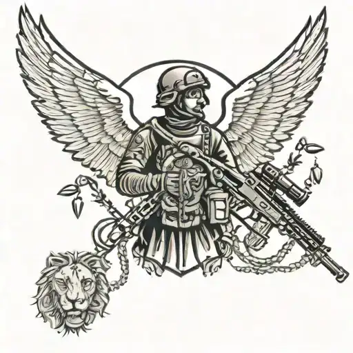combat Infantry soldier, Lion, Rosary Beads, black hawk helicopter  tattoo design idea