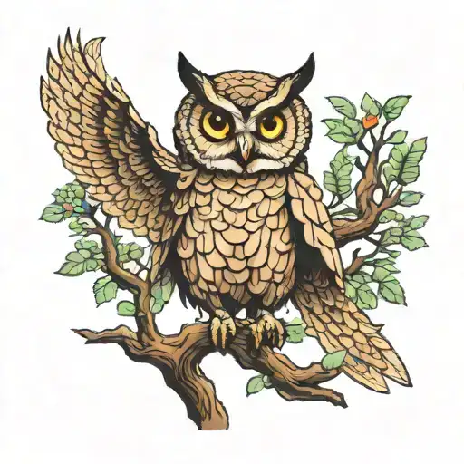 owl perched on a branch tattoo design idea