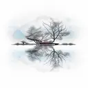 A mesmerizing illusion of a tranquil lake reflecting a beautiful sunset sky, with silhouettes of birds soaring in the distance. tattoo design idea