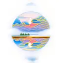 A mesmerizing illusion of a tranquil lake reflecting a beautiful sunset sky, with silhouettes of birds soaring in the distance. tattoo design idea