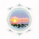 A mesmerizing illusion of a tranquil lake reflecting a beautiful sunset sky, with silhouettes of birds soaring in the distance. tattoo design idea