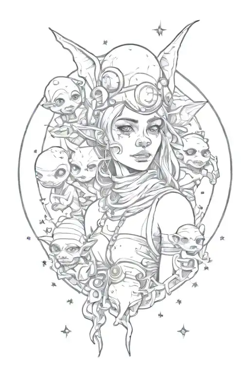 Planets Stars Moon friendly Goblin women surrounded tattoo design idea