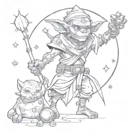 Planets Stars Moon friendly Goblin shaman surrounded tattoo design idea